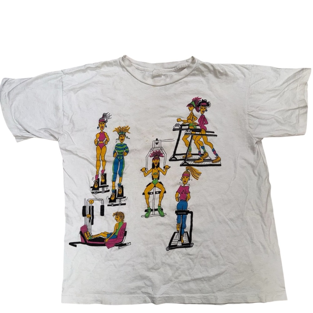 White Graphic Short-Sleeve Tee with Colorful Fitness Artwork Vintage 80s 90s